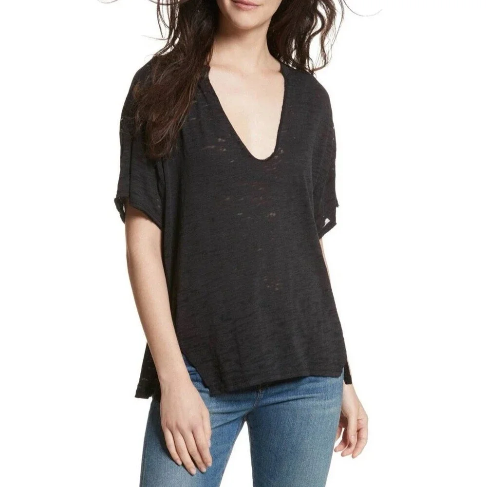 Free People Maddie Burnout Tee Black Oversized V Neck Short Sleeve S